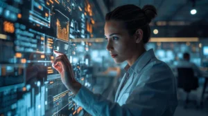 Analyst exploring the Genre Deep Dive Framework through an interactive digital data interface.