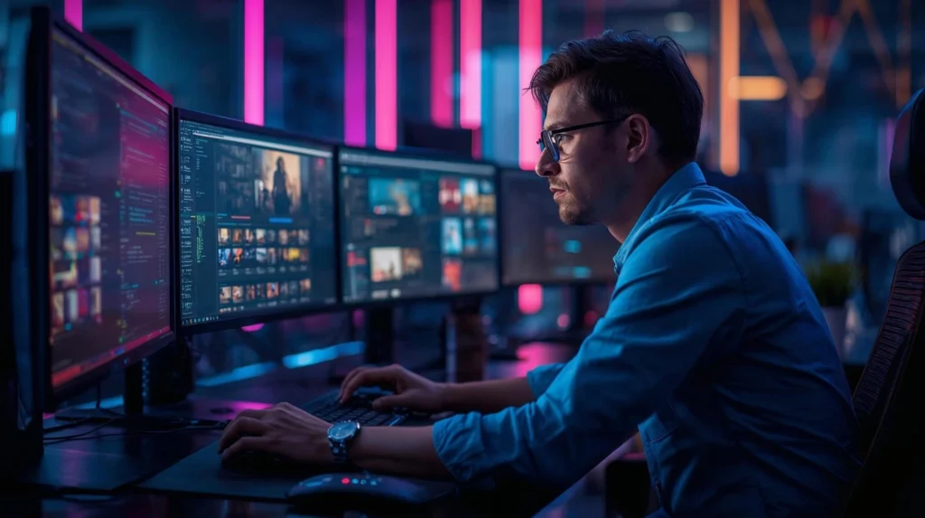 Developer visualizing Genre Deep Dive Framework structure across multiple monitors under neon lighting.