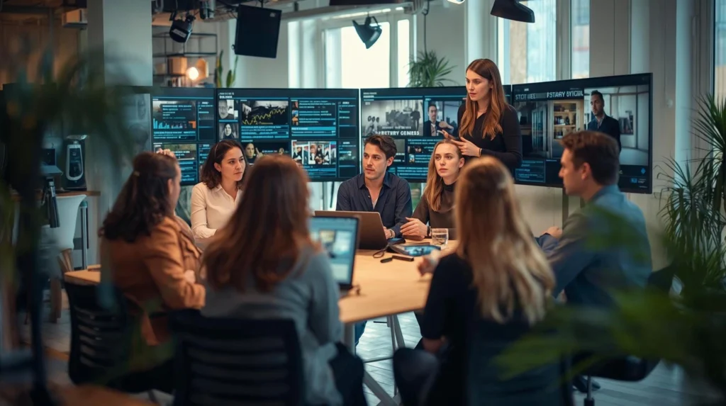 Creative team analyzing Genre Deep Dive Framework results during a strategic meeting.