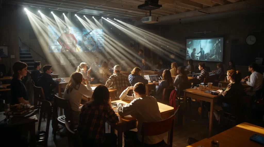 Group learning session analyzing the Genre Deep Dive Framework with projected visuals.