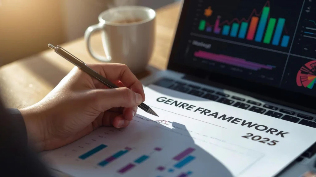 Researcher writing notes for the Genre Deep Dive Framework 2025 report beside analytics charts.