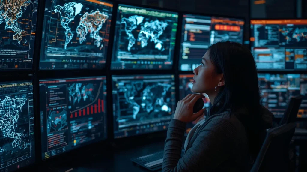 Analyst reviewing Genre Deep Dive Framework global datasets on multiple map dashboards.