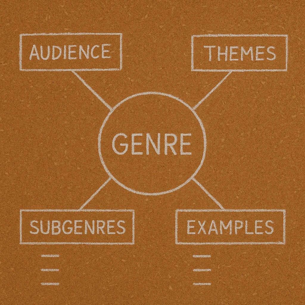Conceptual diagram showing the structure of the Genre Deep Dive Framework, including audience, themes, subgenres, and examples.