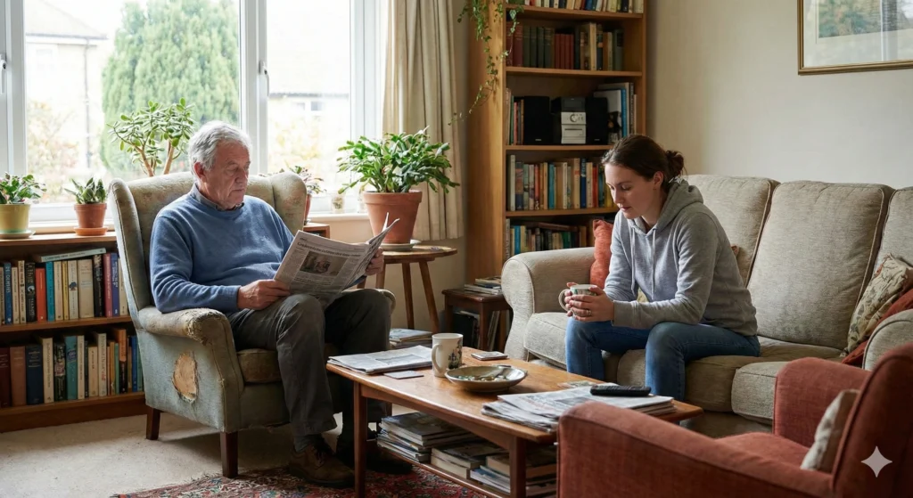 Two family members sitting in the same room with a calm distance between them, reflecting changing closeness
