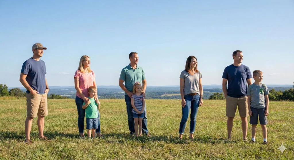 Family members standing apart outdoors while facing the same direction, showing connection despite distance