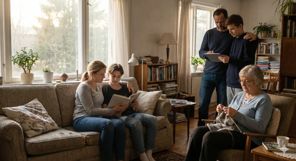 A family together in a quiet everyday moment, connected through natural body language