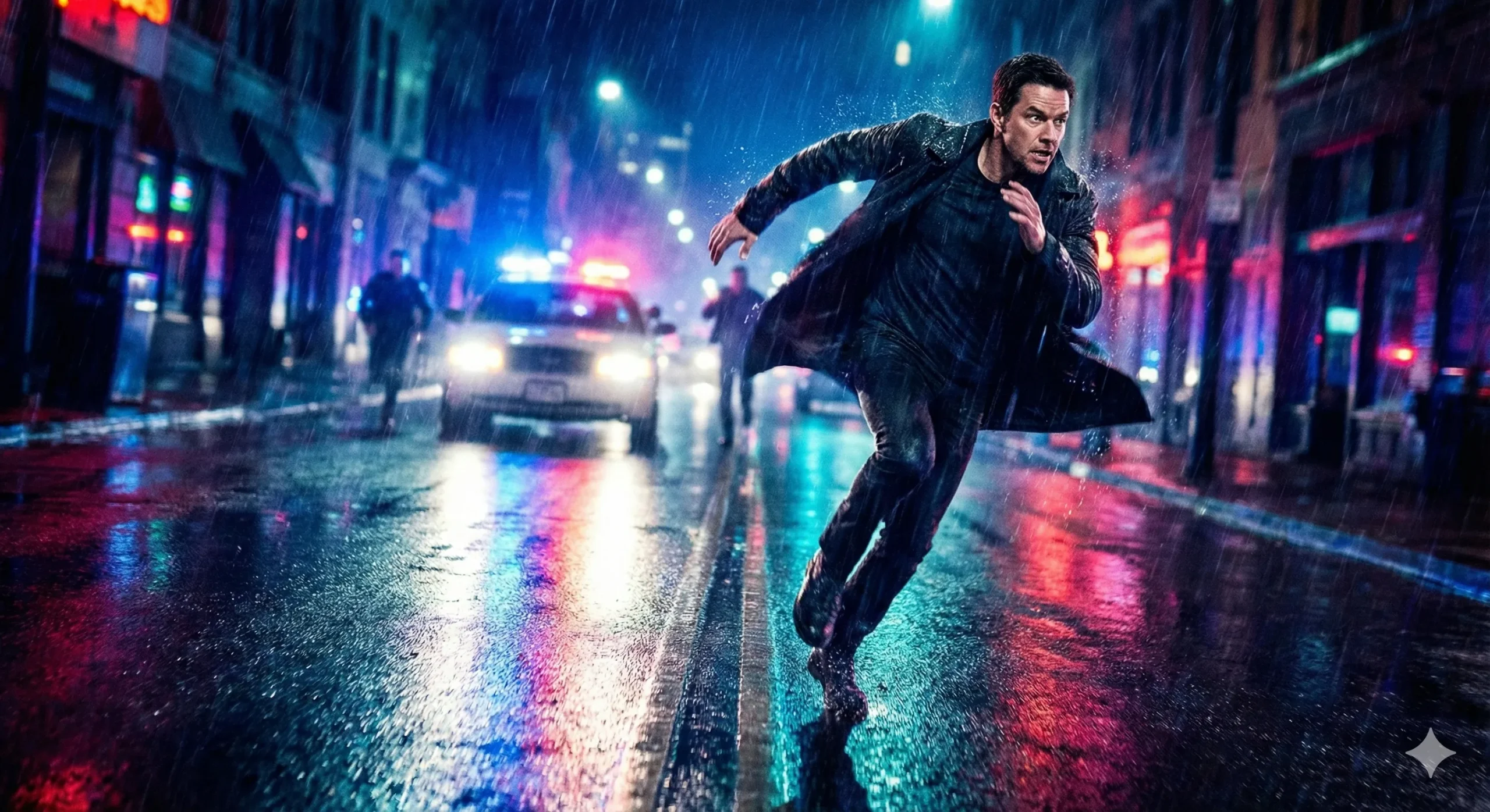 A fast-moving action scene with a character running through a city at night
