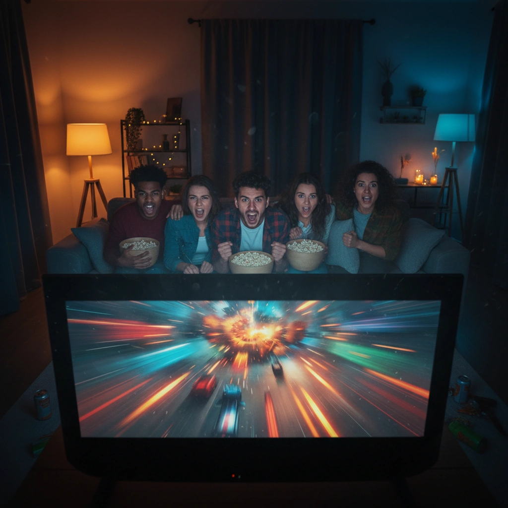 A group of friends watching an intense action adventure movie together at home