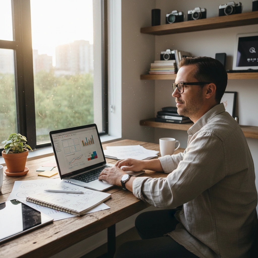 A small team discussing SaaS ideas around a laptop in a modern workspace