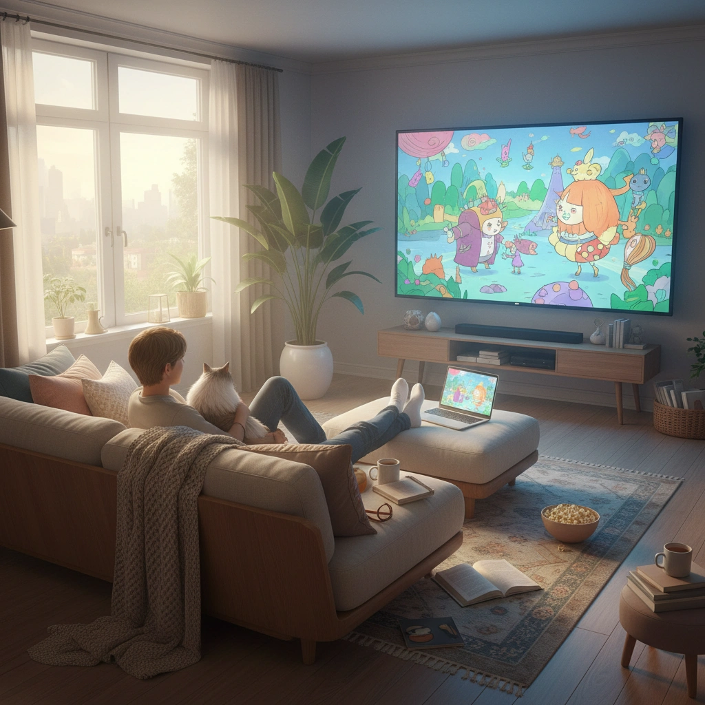 A child watching a colorful animated series at home with a relaxed atmosphere