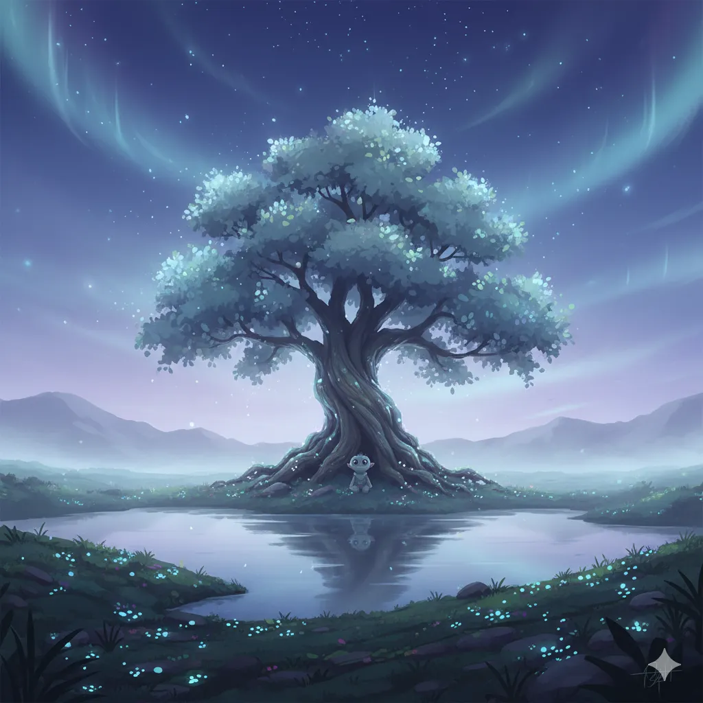 A stylized animated tree in a fantasy-inspired landscape