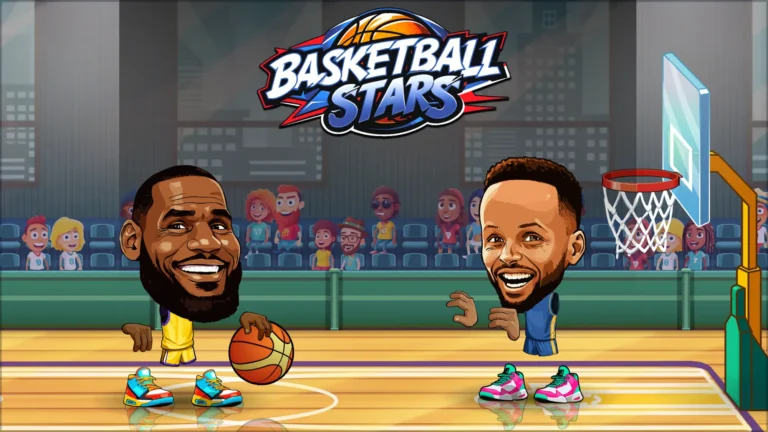 Two cartoon basketball players facing each other on an indoor basketball court
