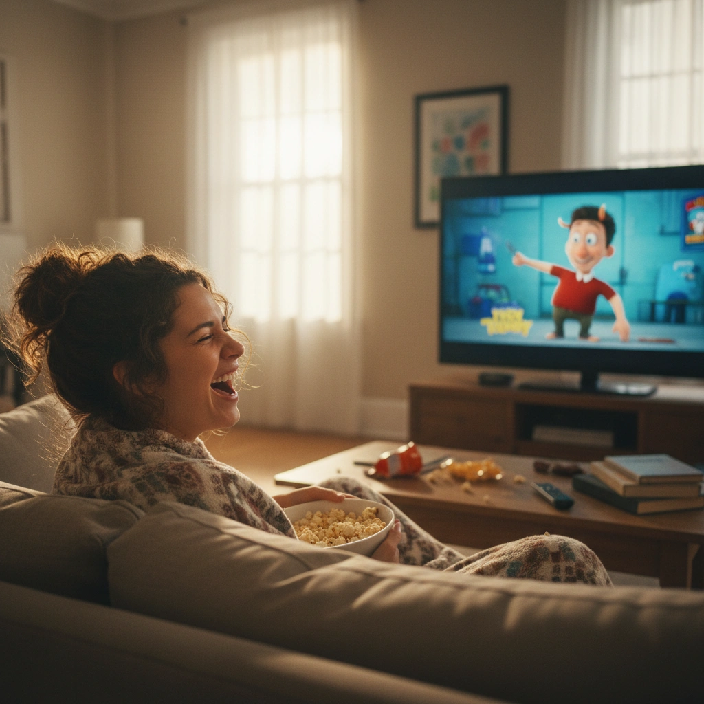 A woman laughing while watching a comedy show on television at home
