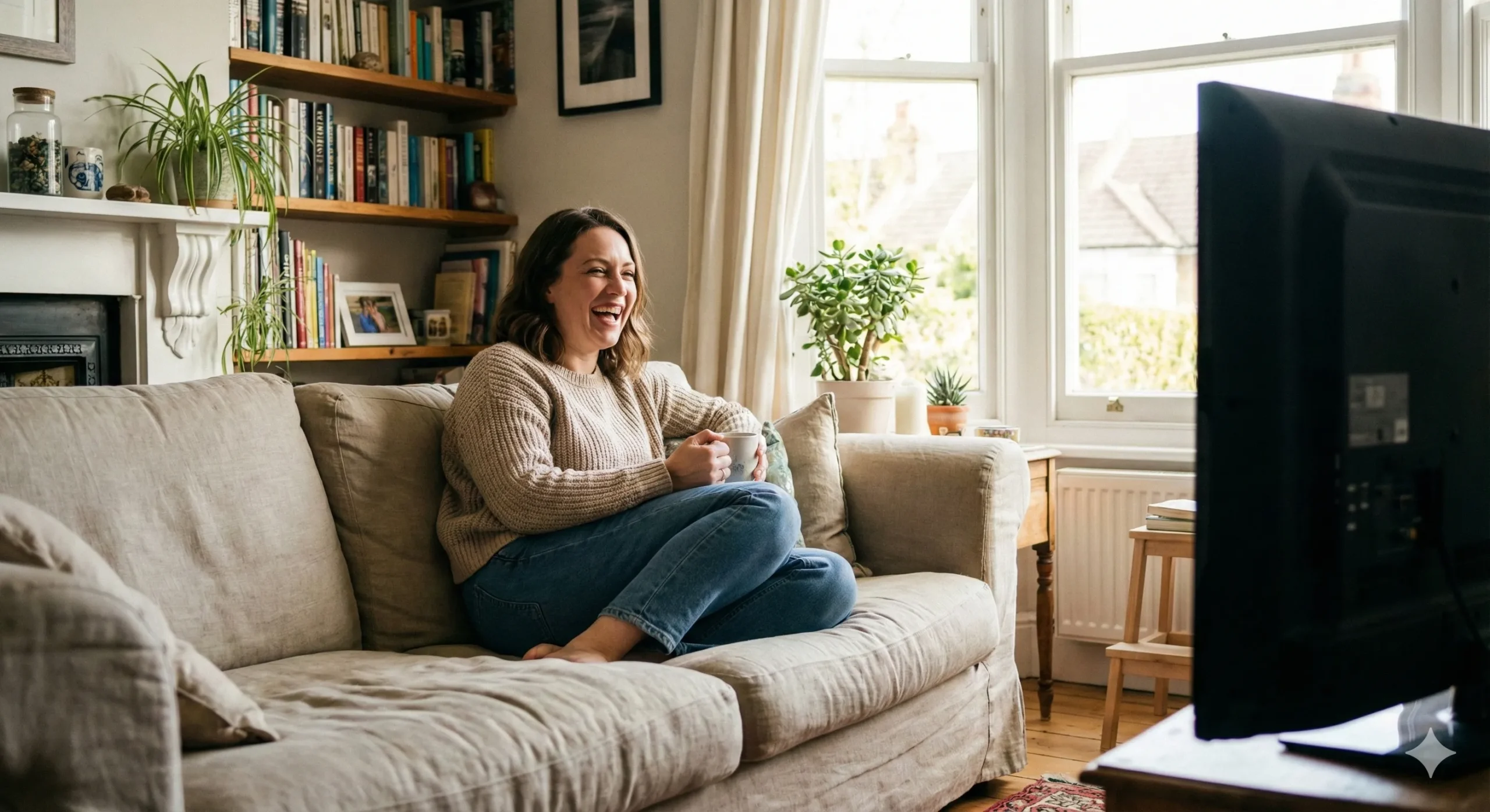 A relaxed home scene where a person laughs while watching a comedy series