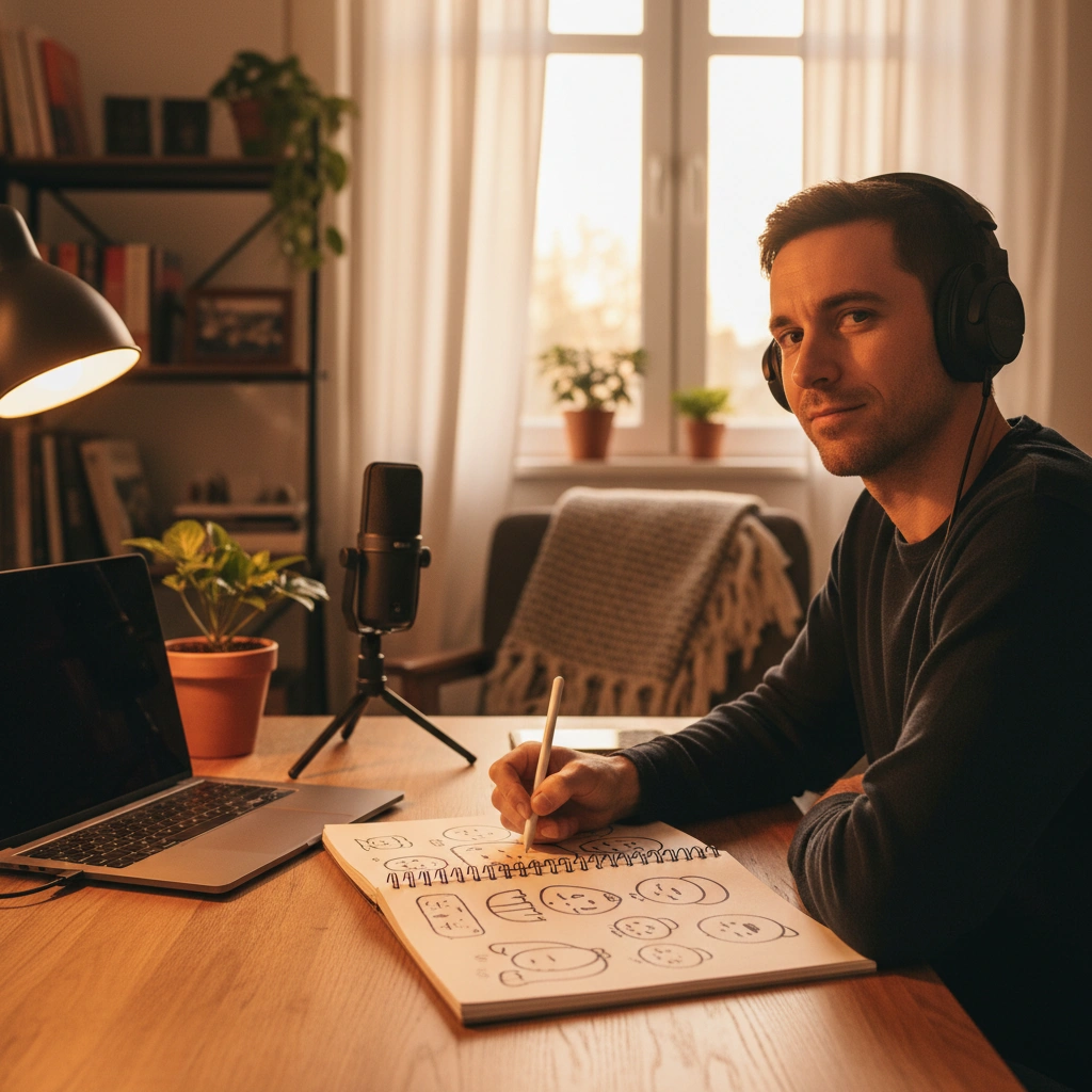 A content creator working at a desk with a microphone, laptop, and sketchbook