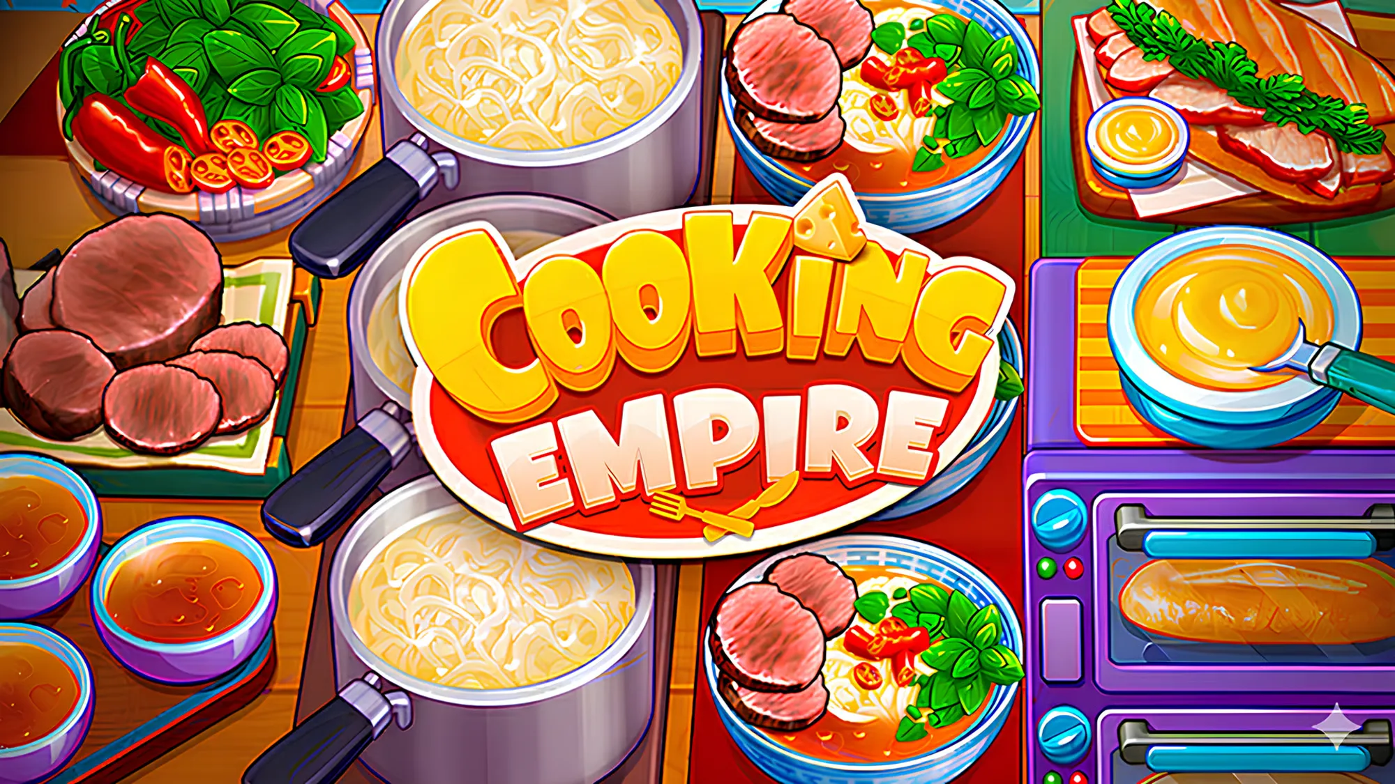 Top-down view of cooking dishes in a fast-paced kitchen game