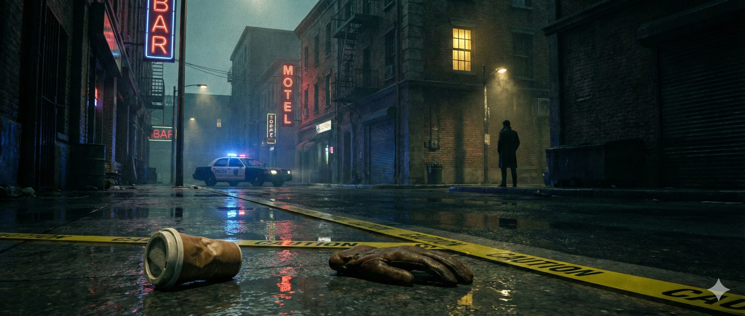 A dark city street at night reflecting a tense crime atmosphere