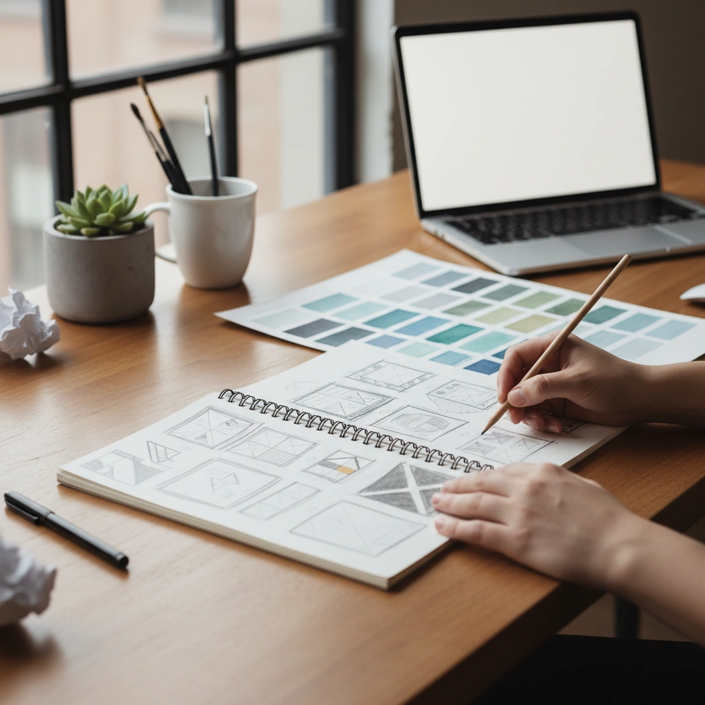 A person sketching design layouts and wireframes at a wooden desk