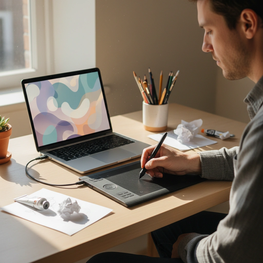 A digital artist working with a drawing tablet and laptop at a minimalist desk