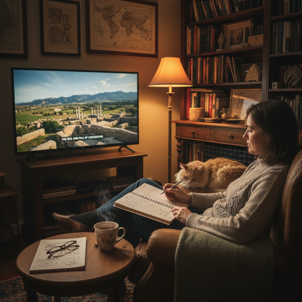 A woman watching a historical documentary while taking notes at home