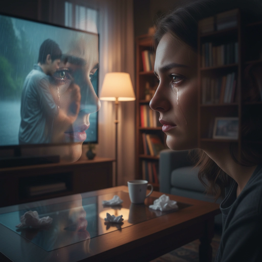 A woman emotionally engaged while watching a dramatic film scene at home