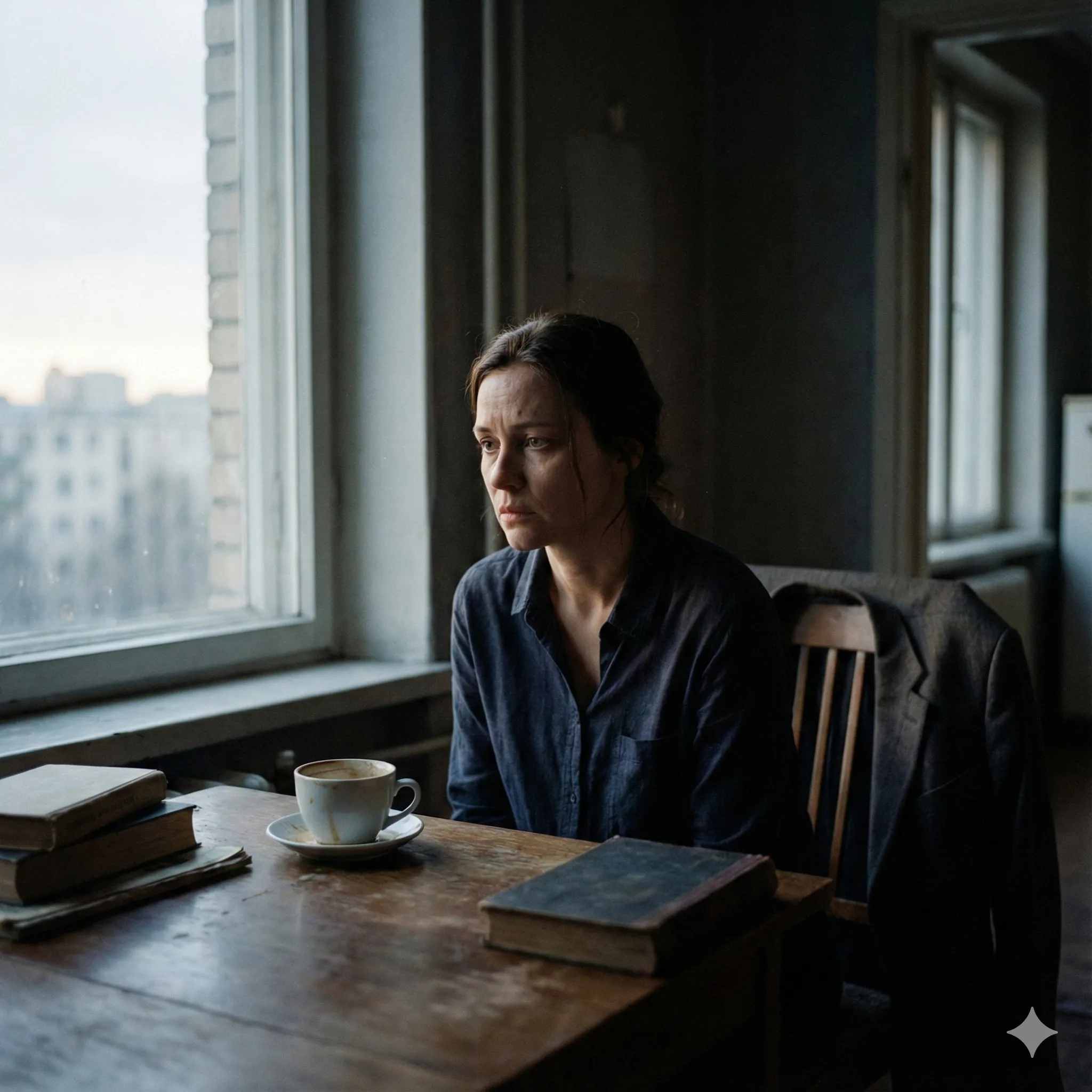 A woman sitting near a window in a quiet, reflective dramatic scene