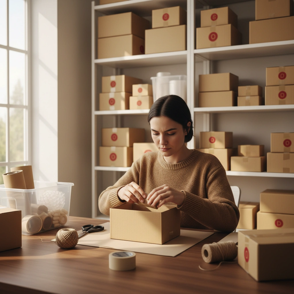 A woman preparing and packaging products in a small e-commerce workspace