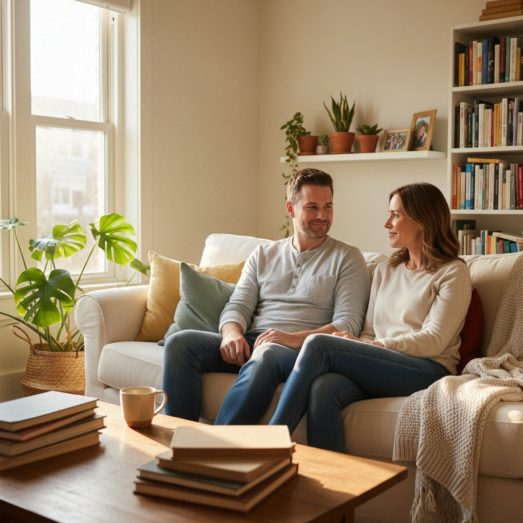 A couple sitting together on a sofa having a calm conversation at home