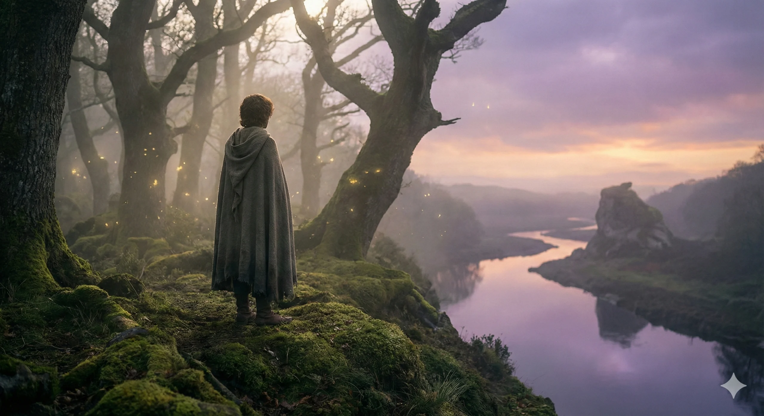 A solitary figure standing in a misty fantasy landscape at dawn