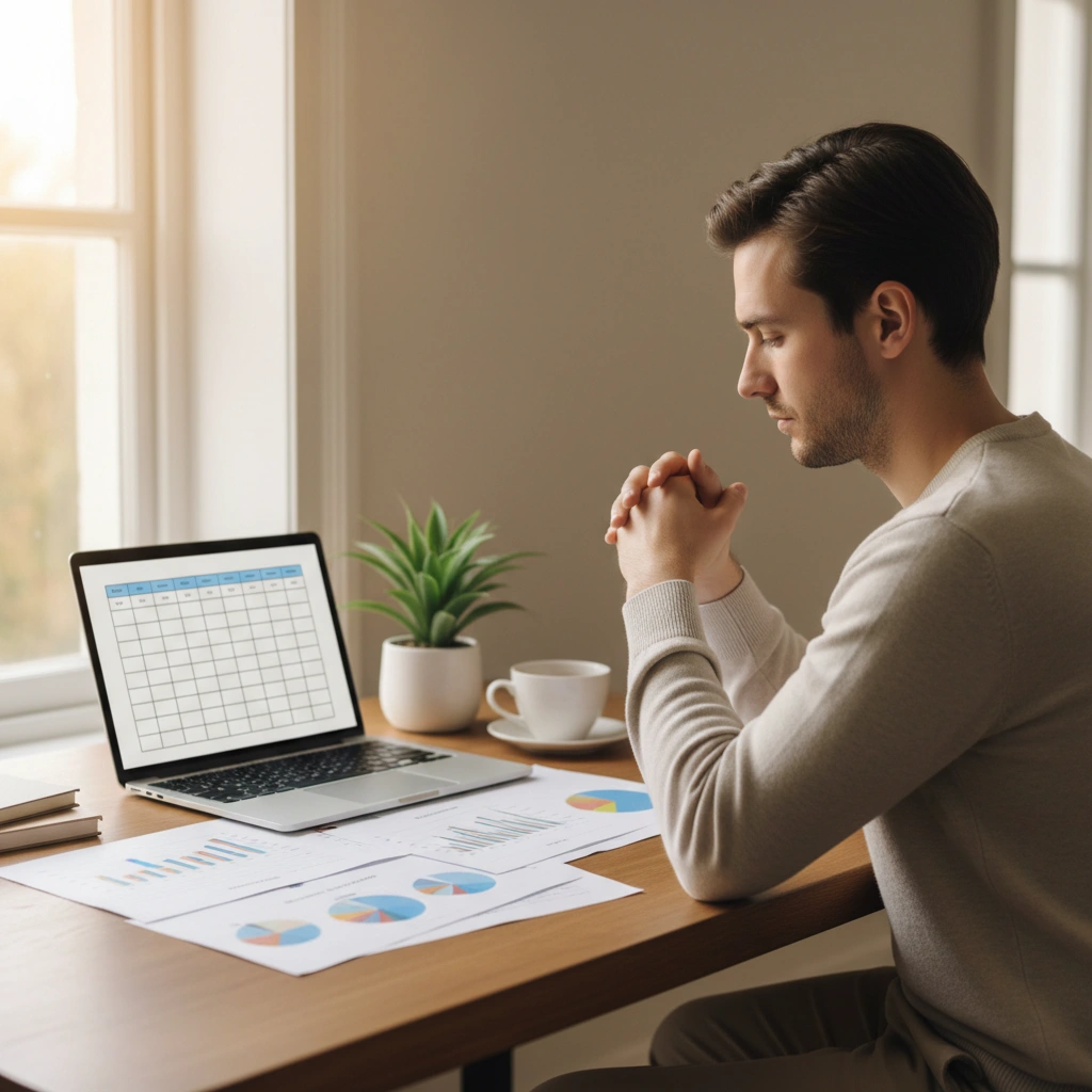 A man reviewing financial charts and reports on a laptop at home