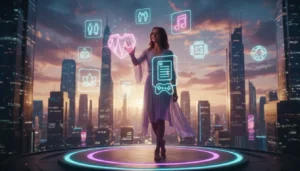 A woman standing on a glowing platform at sunset, reaching toward floating neon holograms representing love, relationships, music, writing, technology, gaming, and global connection.