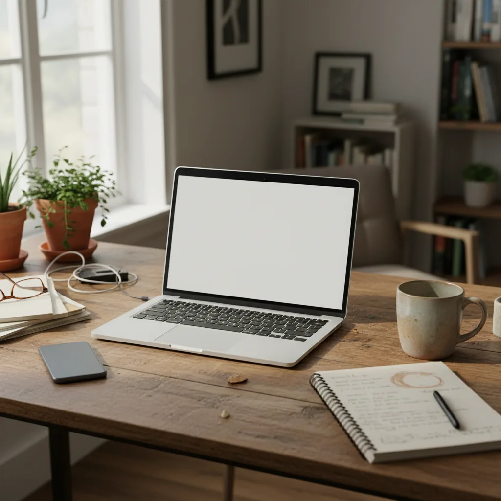 A simple home workspace with a laptop and notebook used for everyday digital tools.
