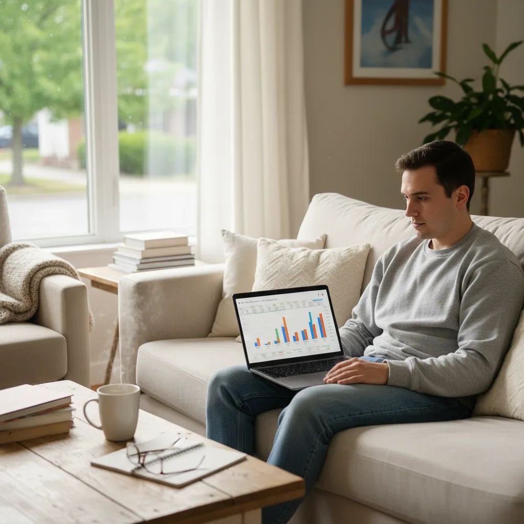 A person reviewing basic crypto charts on a laptop while sitting at home.