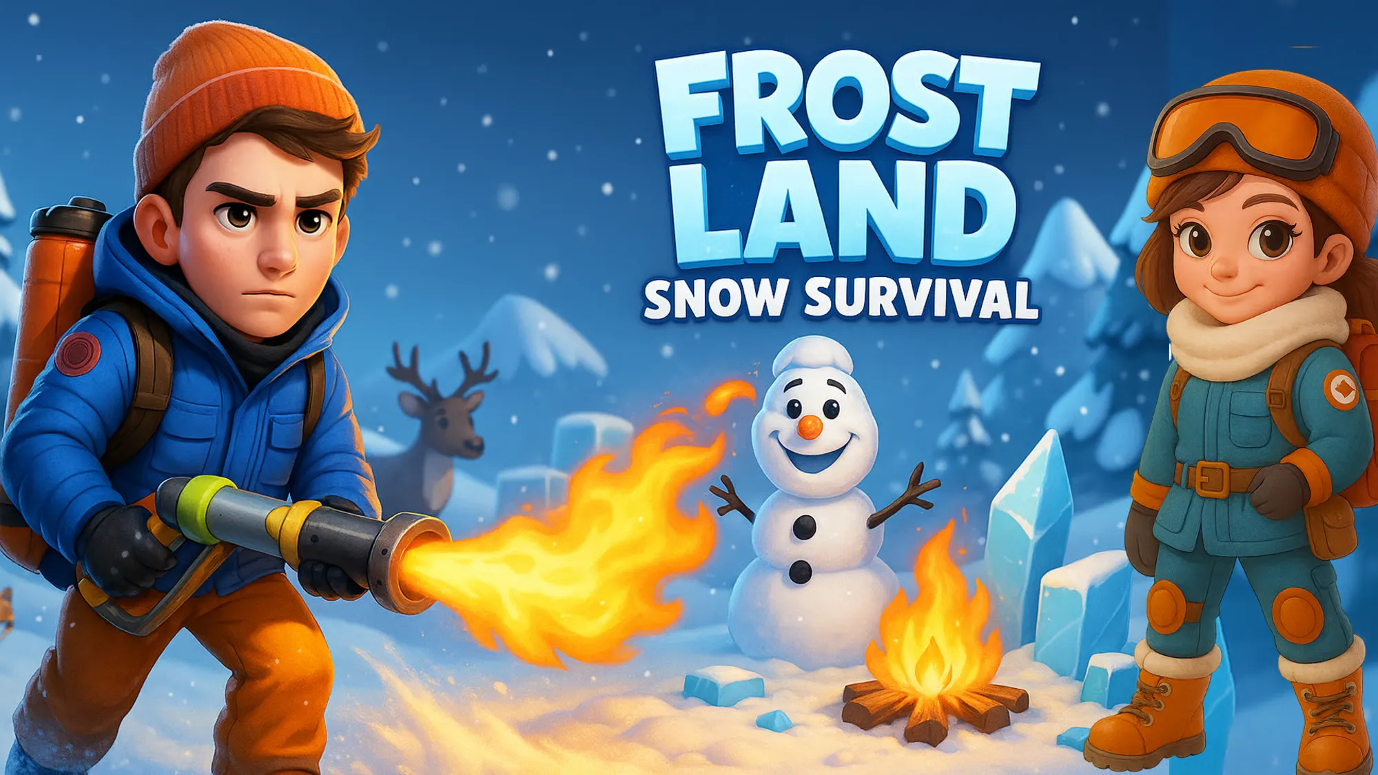 Two characters surviving in a snowy wilderness with fire and tools