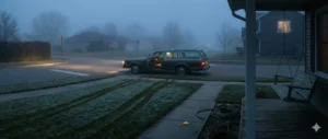 A quiet suburban street at dawn with an abandoned station wagon, open door, and unanswered tension, reflecting the atmosphere of thriller mystery movies 2025.