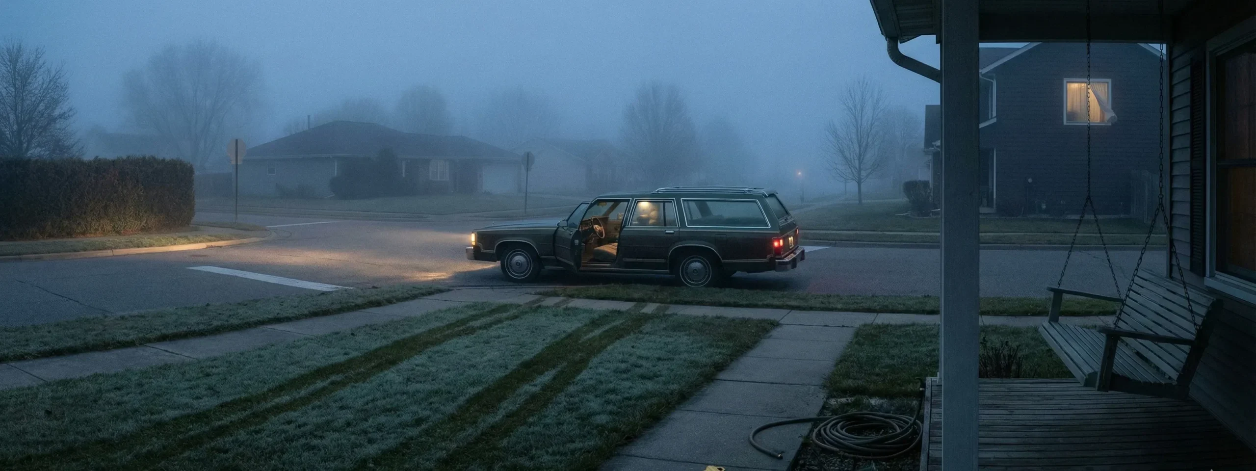 A quiet suburban street at dawn with an abandoned station wagon, open door, and unanswered tension, reflecting the atmosphere of thriller mystery movies 2025.