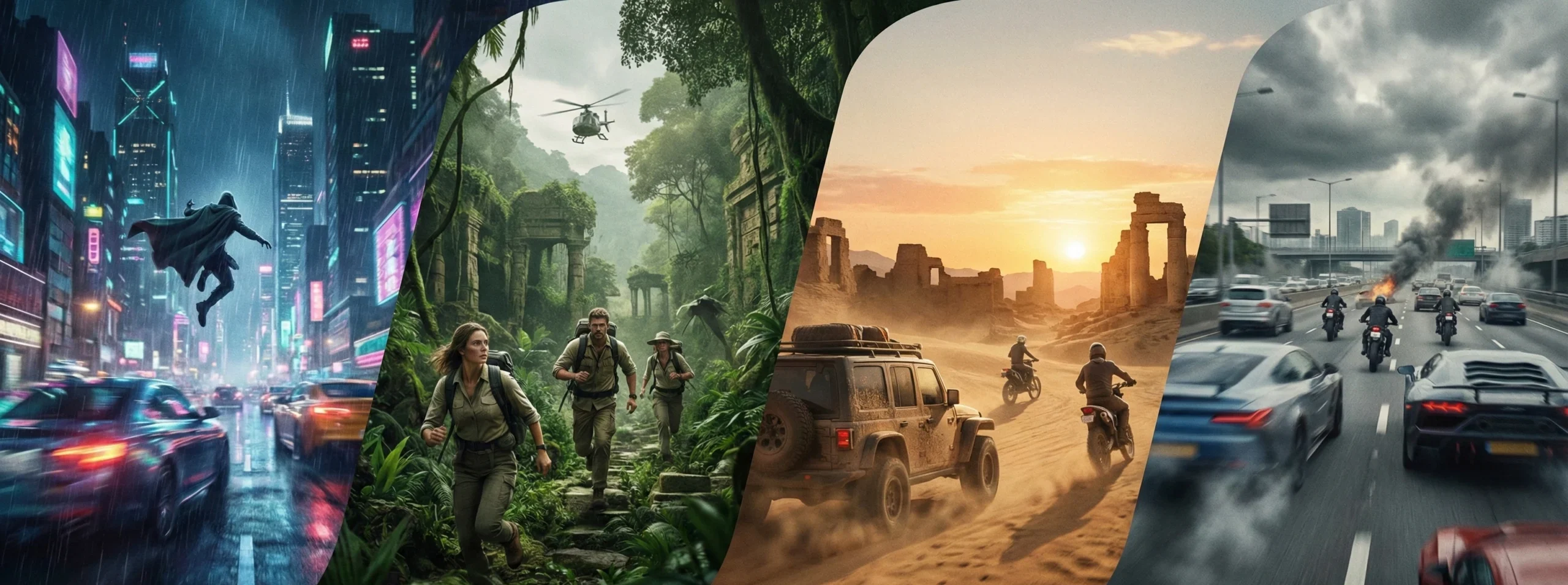 action-adventure cinematic scenes featuring urban chases, jungle exploration, desert journeys, and high-speed pursuits