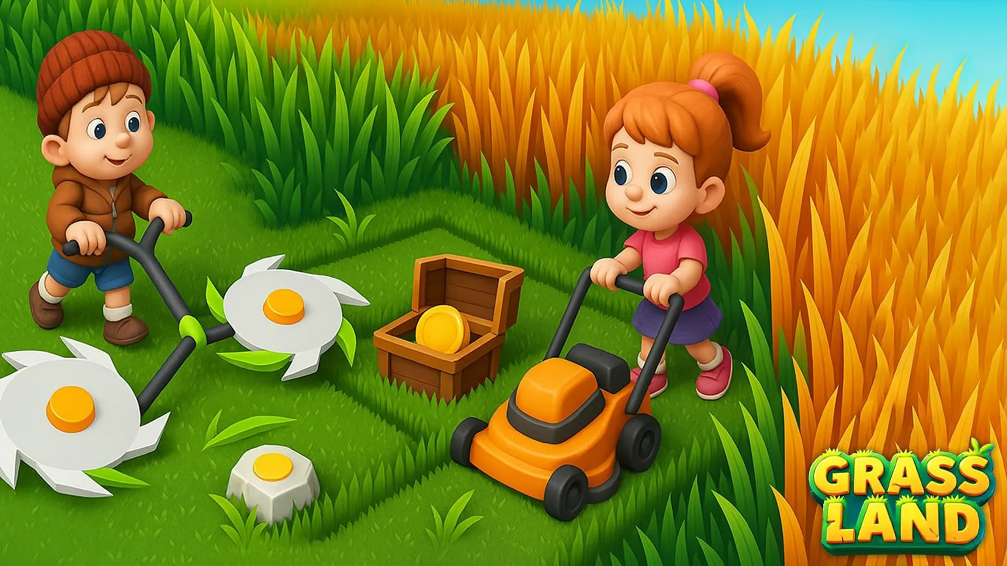 Children mowing grass in a colorful cartoon field environment