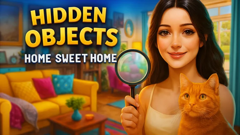 Hidden objects game set in a cozy home interior with a character searching items using a magnifying glass