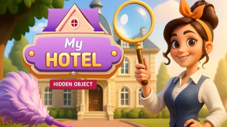 Hidden object hotel game featuring a character searching items around a hotel building