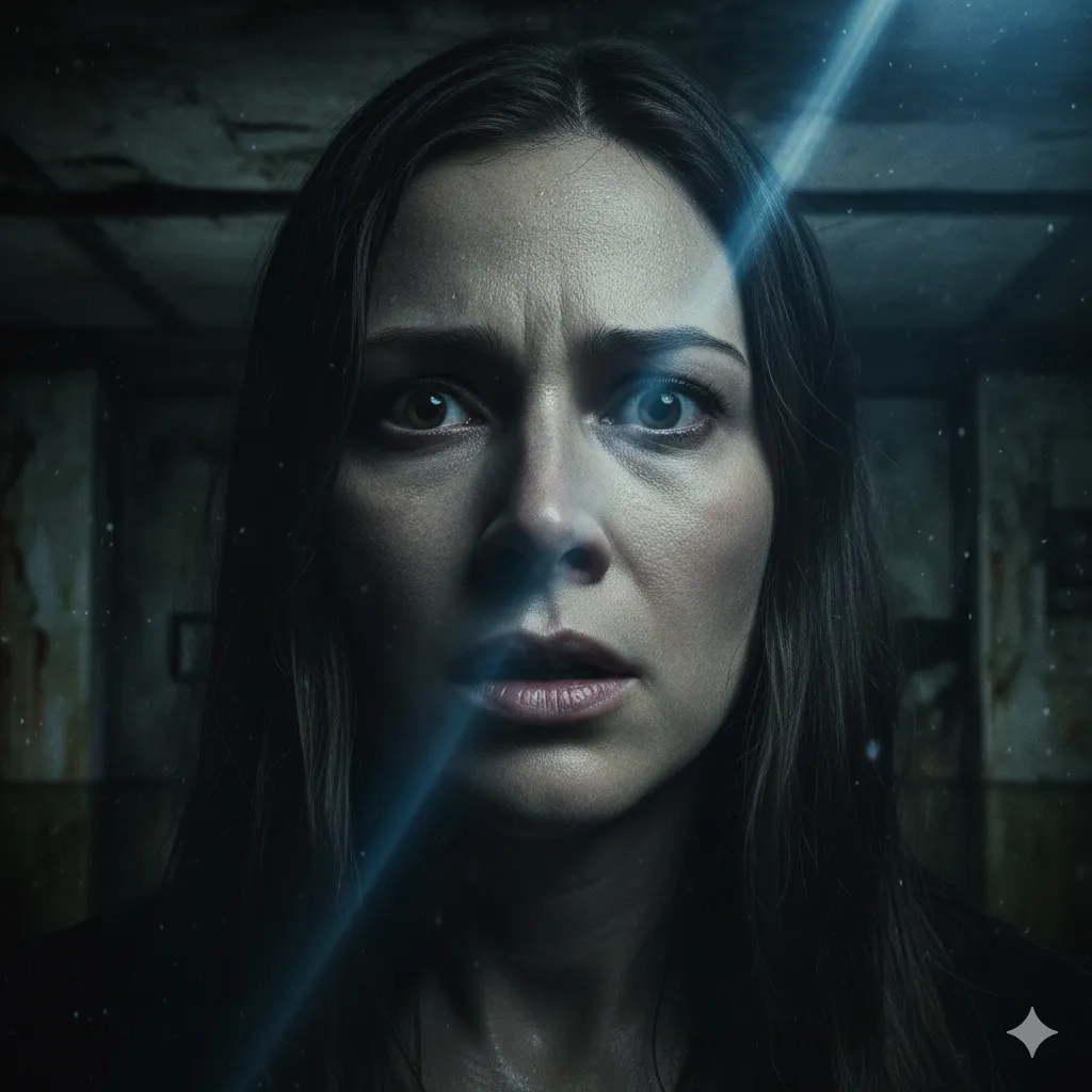 A close-up of a frightened face in a dark horror scene