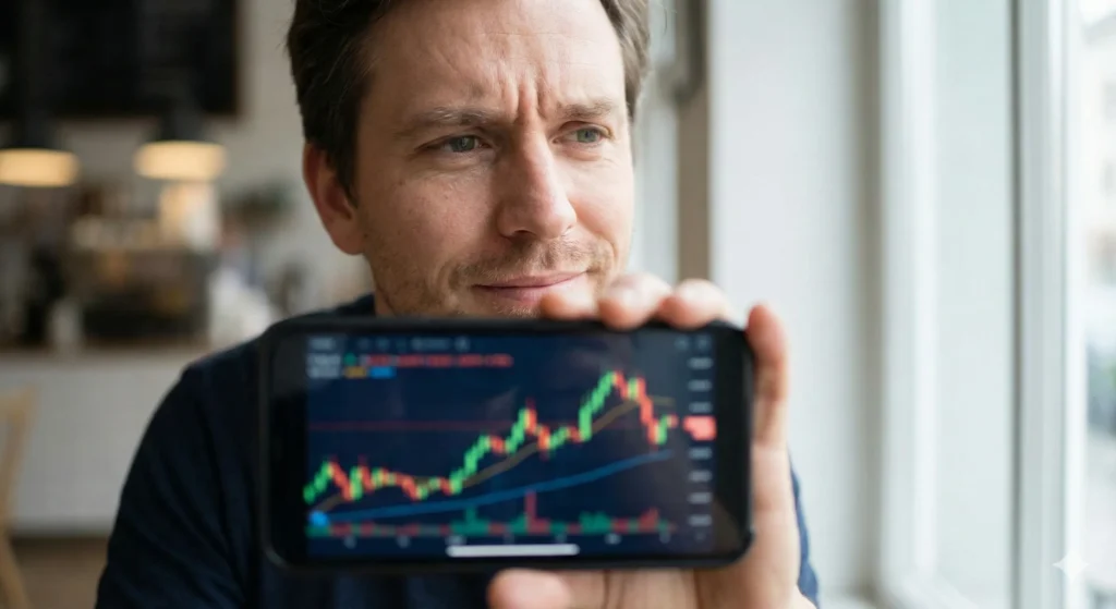 A person looking thoughtfully at a smartphone displaying a blurred cryptocurrency price chart