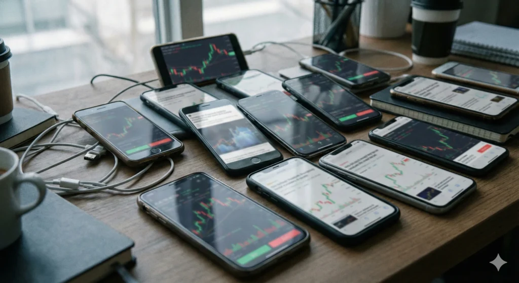 Multiple smartphones on a table displaying blurred cryptocurrency charts and market visuals