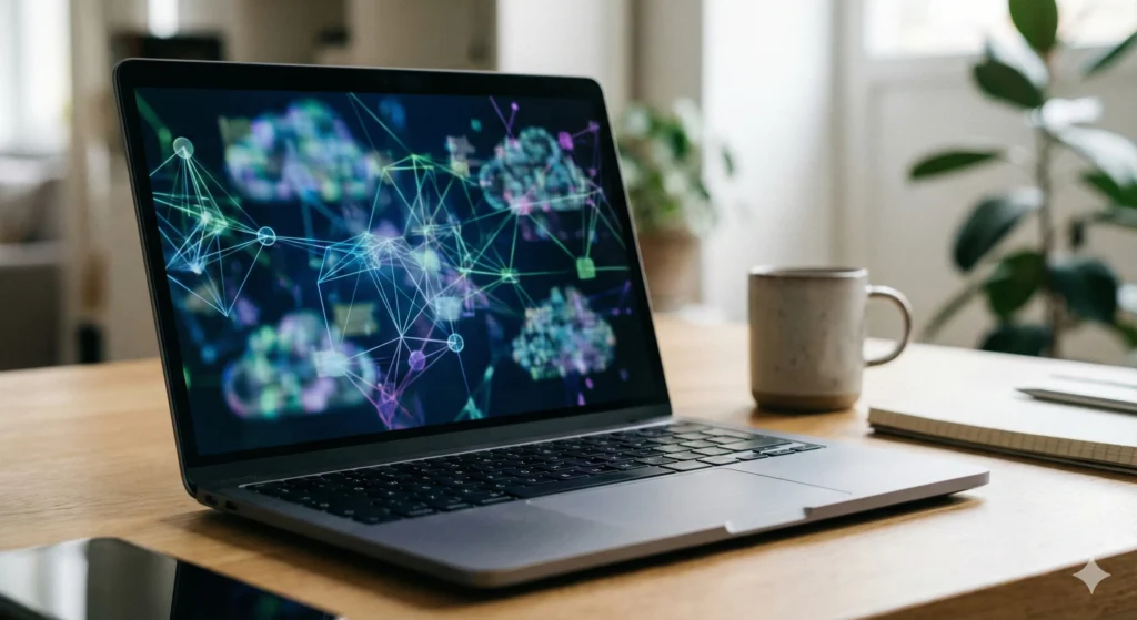 A laptop on a desk showing abstract blockchain network visuals in a calm workspace