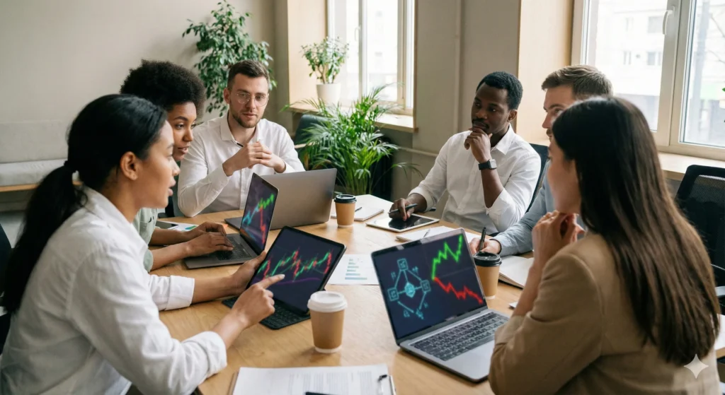 A diverse group of people discussing cryptocurrency calmly around a table with tablets and laptops