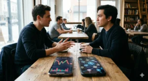 People having a calm discussion about cryptocurrency while looking at smartphones with blurred crypto charts at a café table