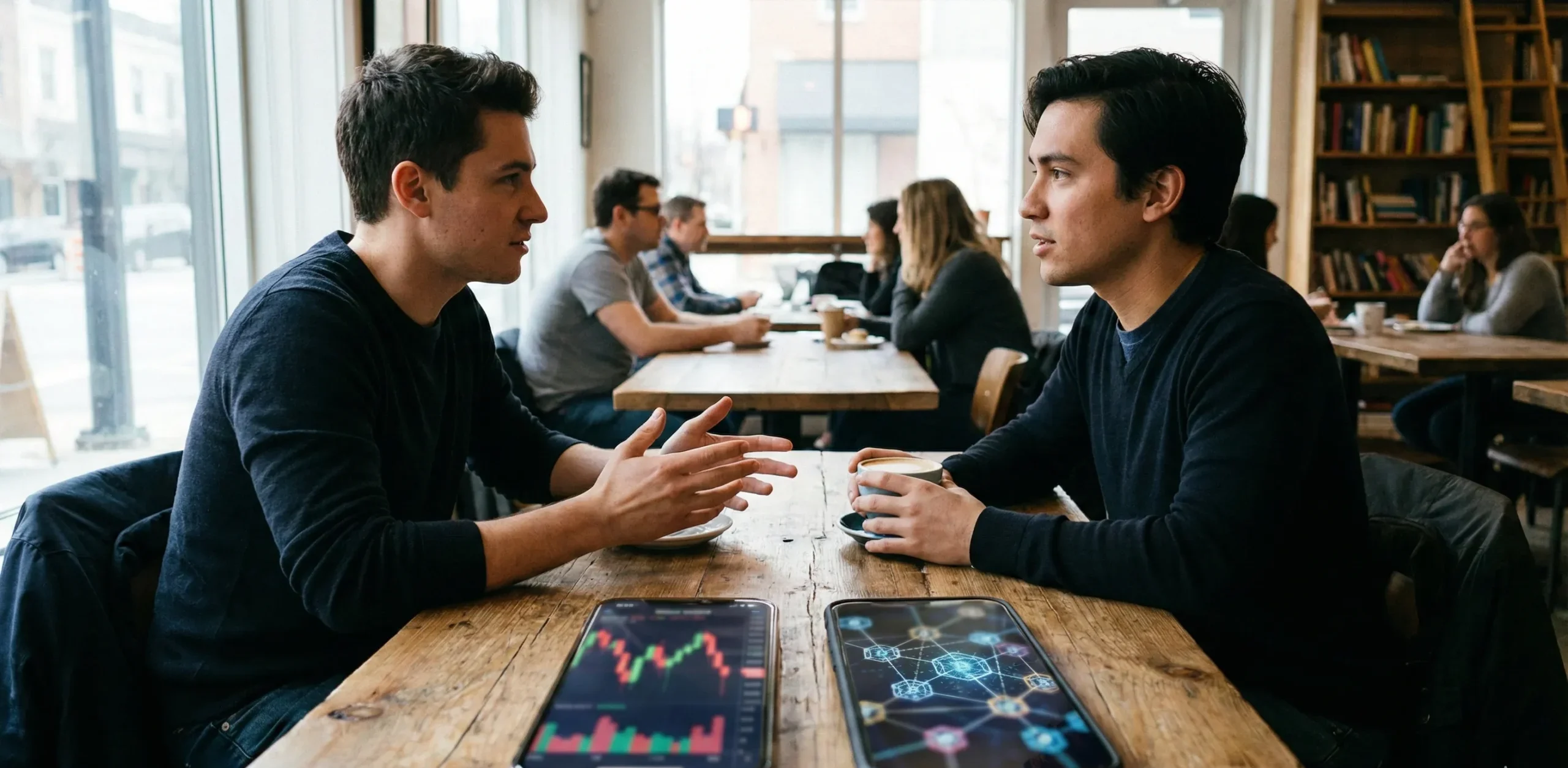 People having a calm discussion about cryptocurrency while looking at smartphones with blurred crypto charts at a café table
