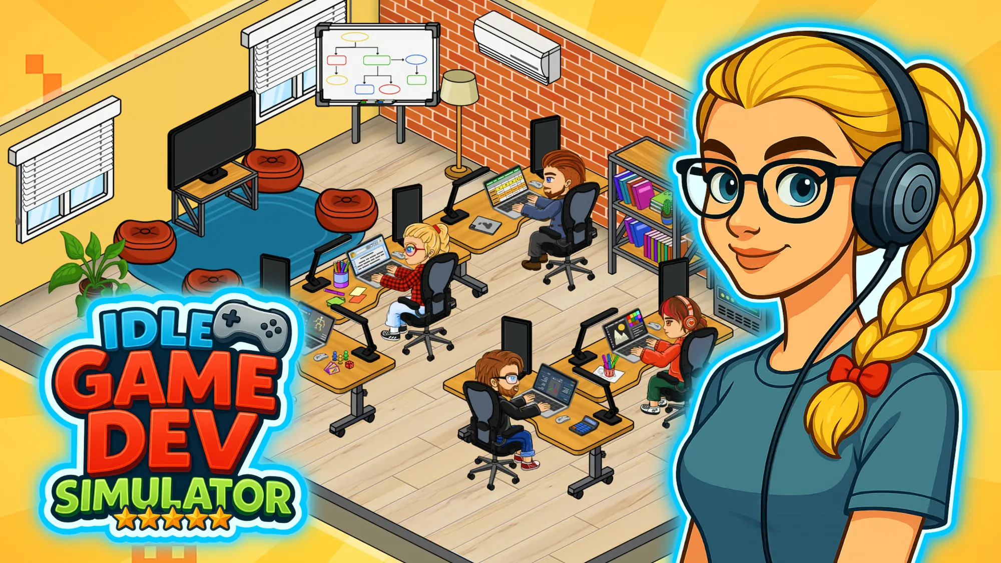 Idle game dev simulator online showing a game development studio management scene