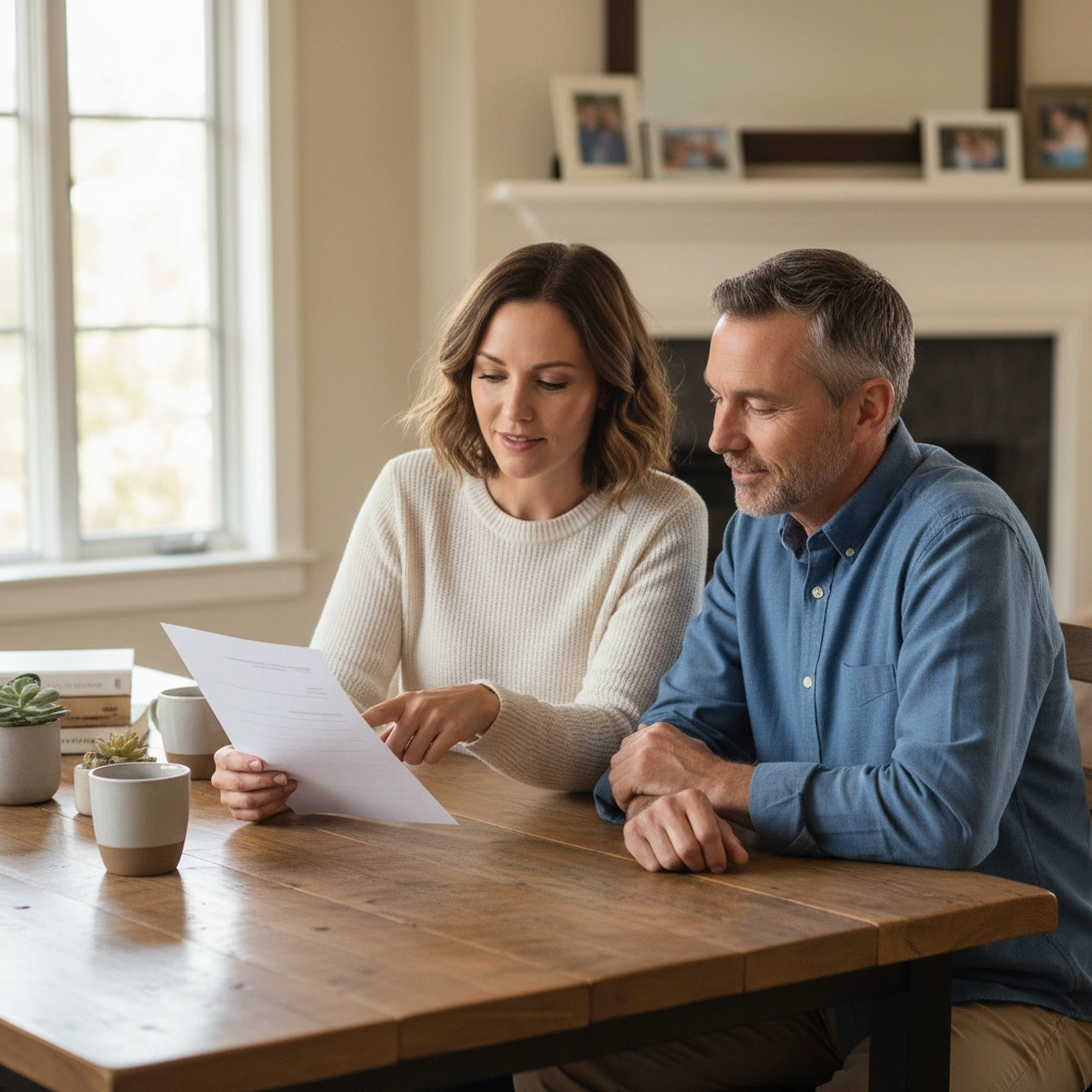 A couple reviewing insurance documents together at a wooden table