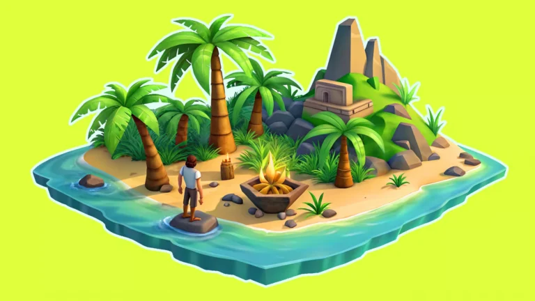 Small tropical island with palm trees and a lone explorer character